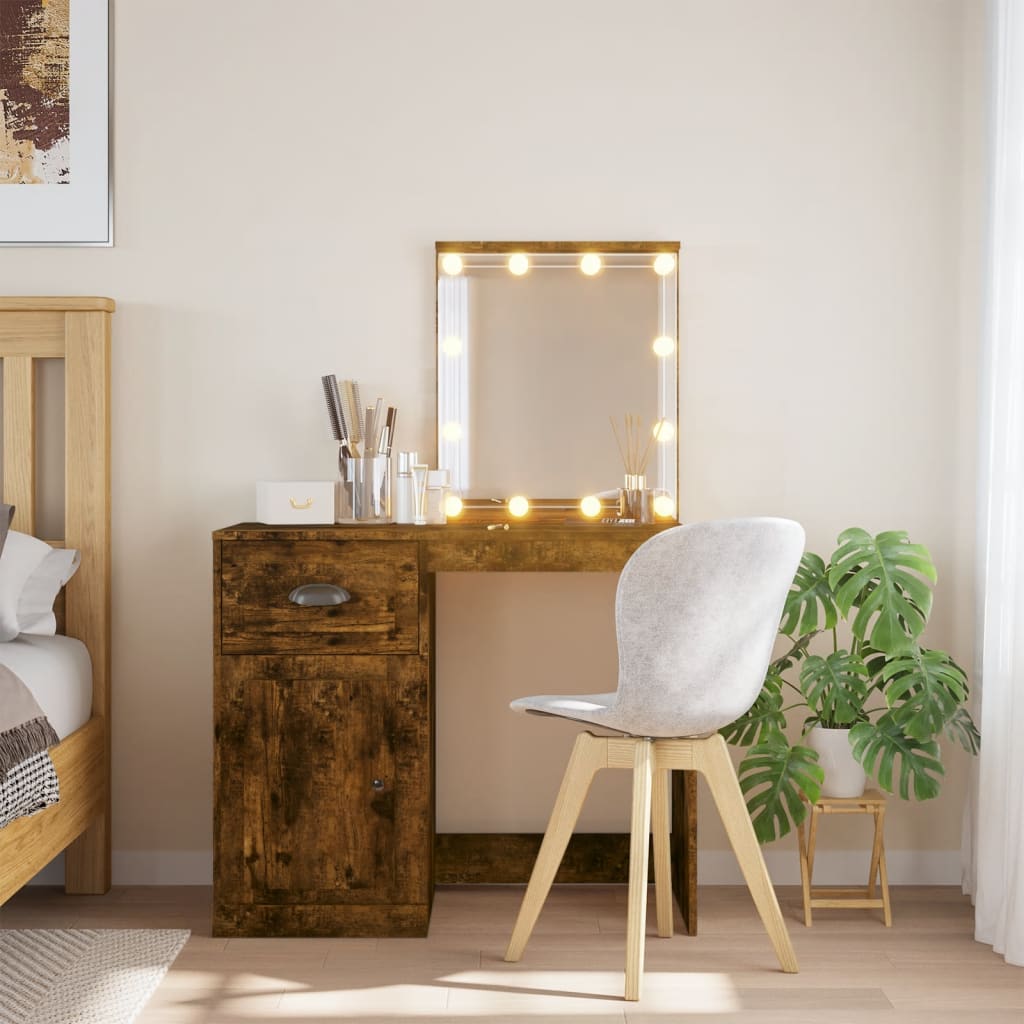 Berkfield Dressing Table with LED Lights Smoked Oak 90x42x132.5 cm