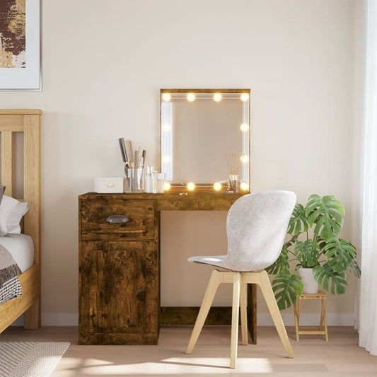 Berkfield Dressing Table with LED Lights Smoked Oak 90x42x132.5 cm