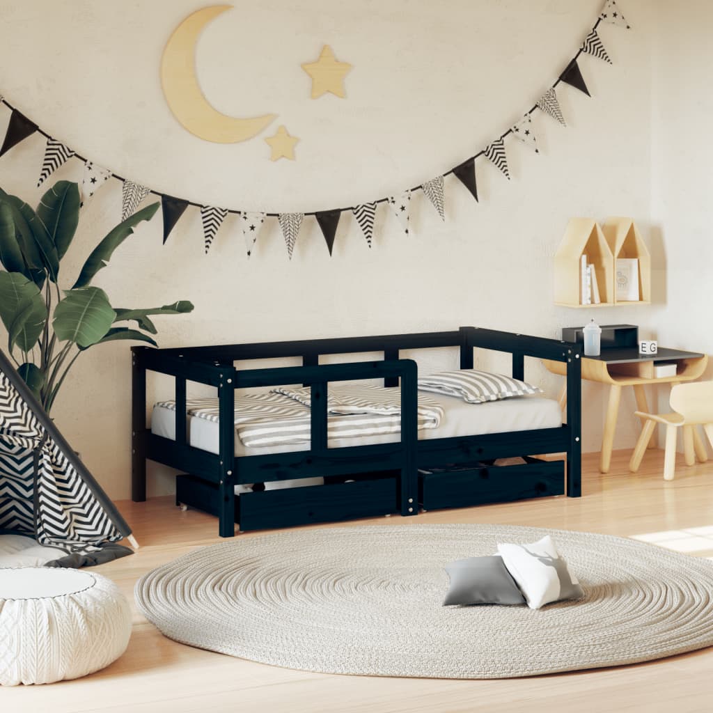 Berkfield Kids Bed Frame with Drawers Black 70x140 cm Solid Wood Pine
