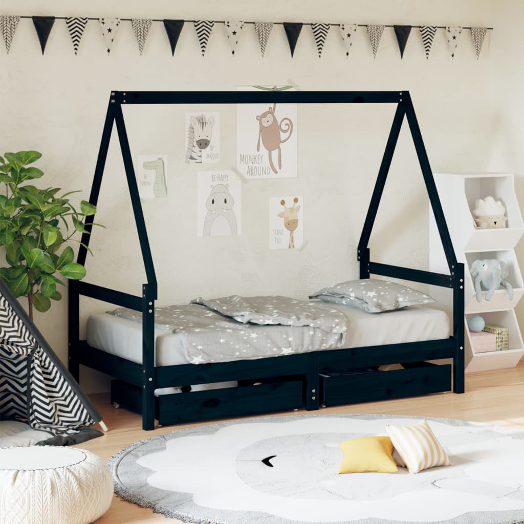 Berkfield Kids Bed Frame with Drawers Black 80x160 cm Solid Wood Pine