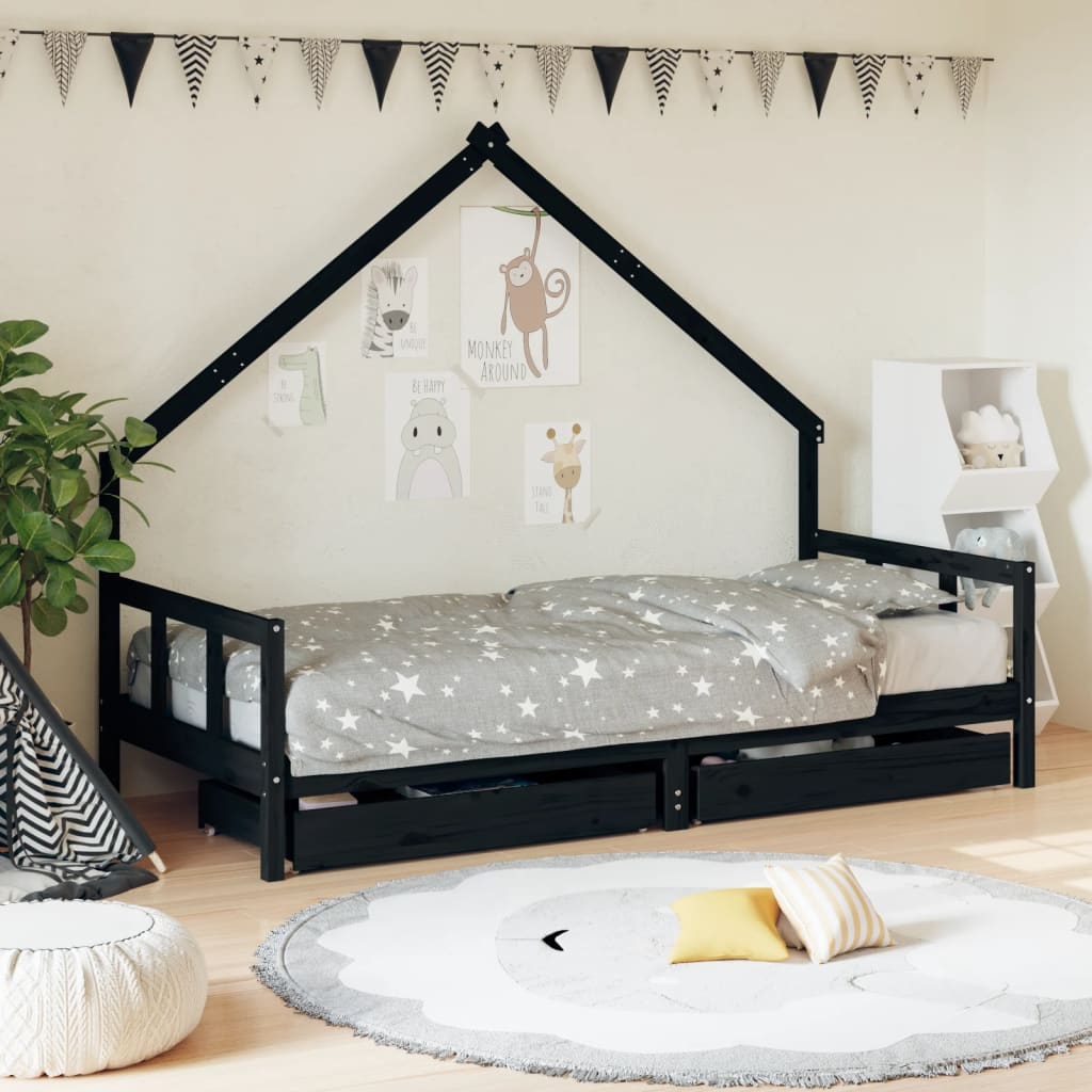Berkfield Kids Bed Frame with Drawers Black 90x200 cm Solid Wood Pine