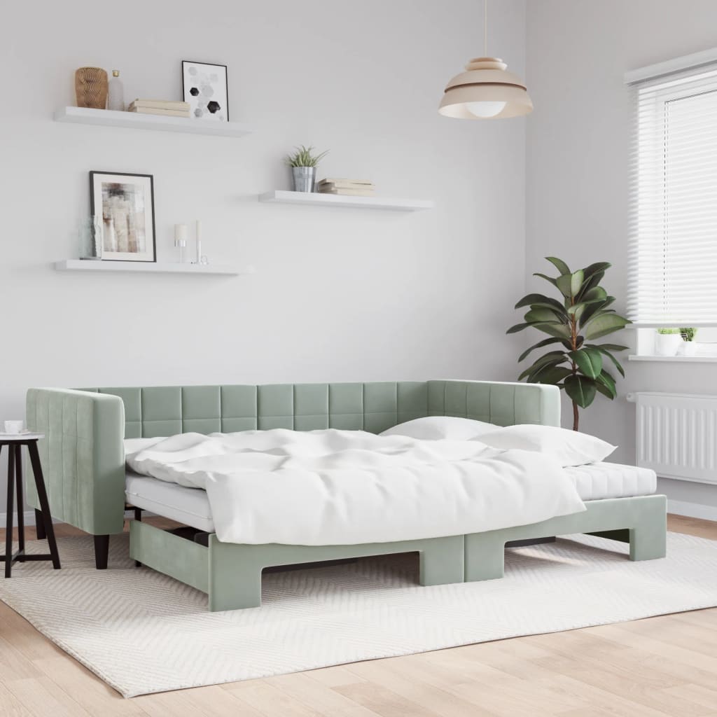 Berkfield Daybed with Trundle and Mattresses Light Grey 90x190 cm Velvet