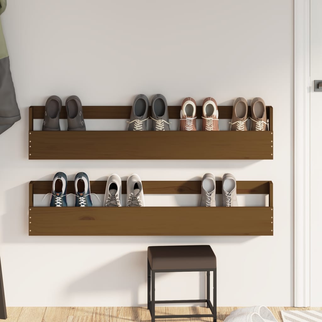 Berkfield Wall-mounted Shoe Racks 2 pcs Honey Brown 110x9x23 cm Solid Wood Pine