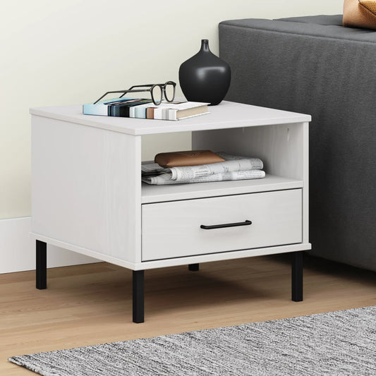 Berkfield Bedside Table with Metal Legs White Solid Wood Pine OSLO