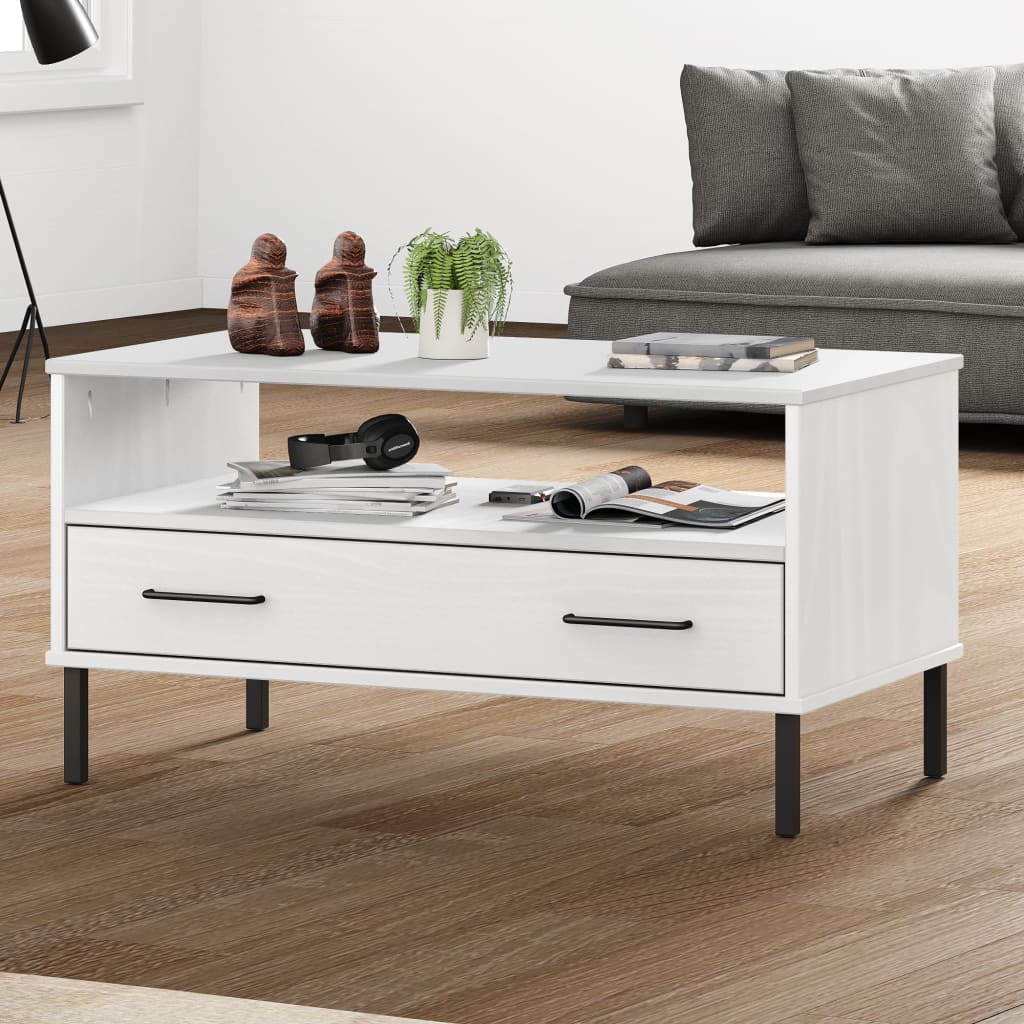 Berkfield Coffee Table with Metal Legs White 85x50x45cm Solid Wood OSLO
