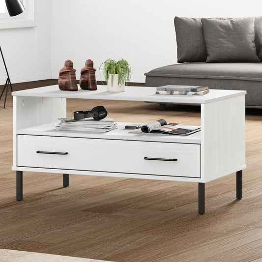 Berkfield Coffee Table with Metal Legs White 85x50x45cm Solid Wood OSLO