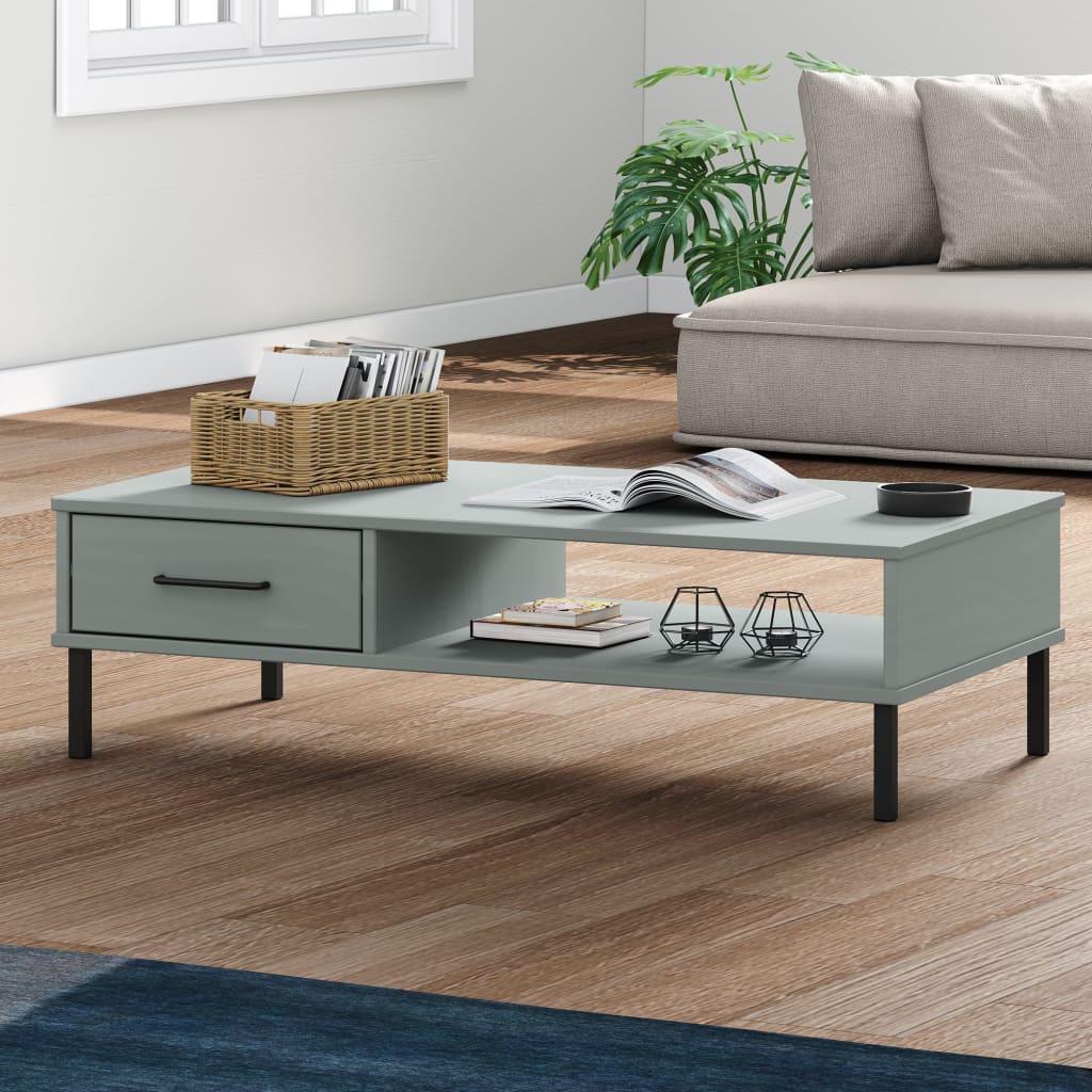 Berkfield Coffee Table with Metal Legs Grey Solid Wood Pine OSLO