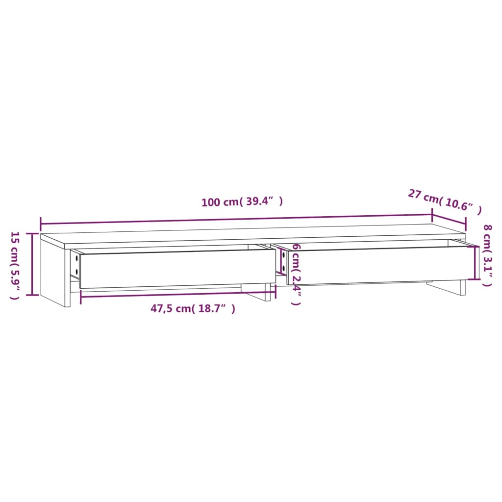 Berkfield Monitor Stand White 100x27x15 cm Solid Wood Pine