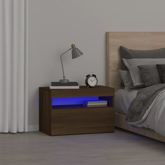 Berkfield Bedside Cabinet with LED Lights Brown Oak 60x35x40 cm