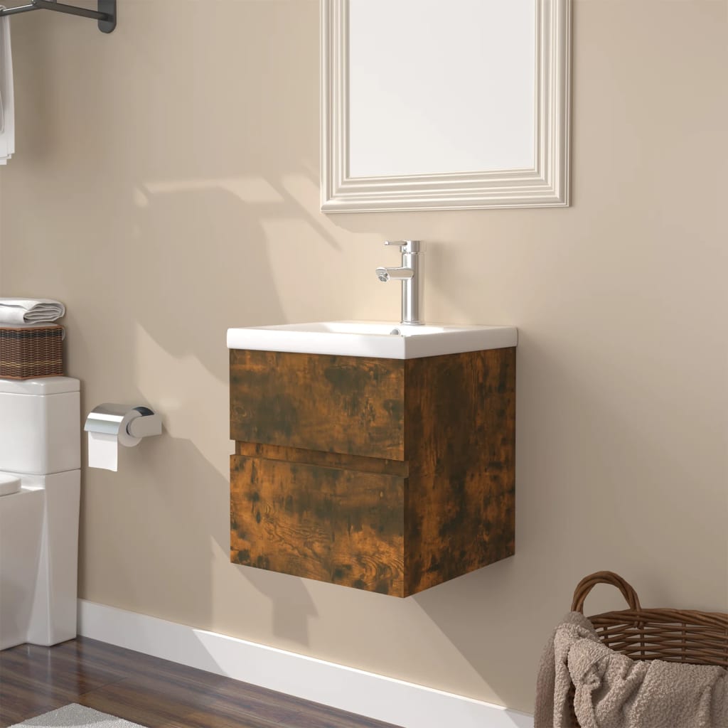Berkfield Sink Cabinet with Built-in Basin Smoked Oak Engineered Wood