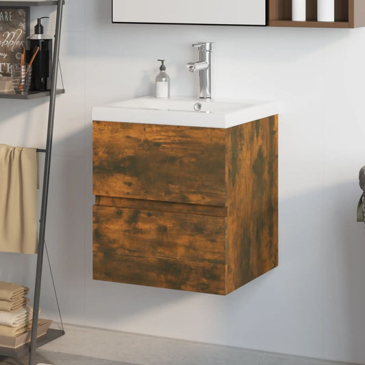 Berkfield Sink Cabinet with Built-in Basin Smoked Oak Engineered Wood