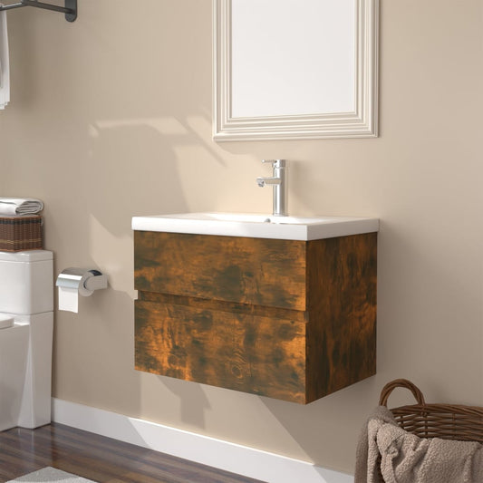 Berkfield Sink Cabinet with Built-in Basin Smoked Oak Engineered Wood