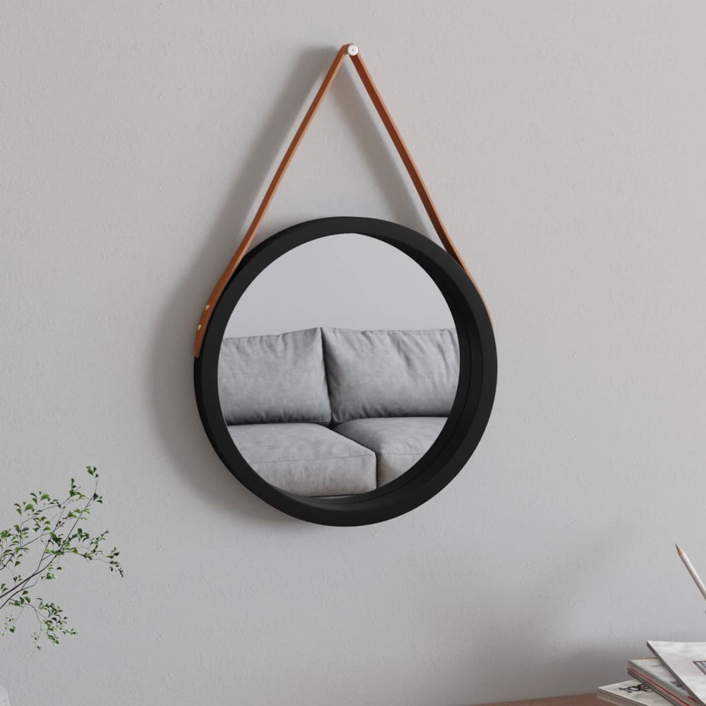 Berkfield Wall Mirror with Strap Black �_�”�_ 35 cm