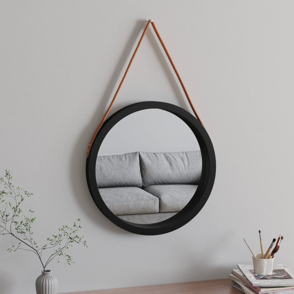 Berkfield Wall Mirror with Strap Black �_�”�_ 55 cm