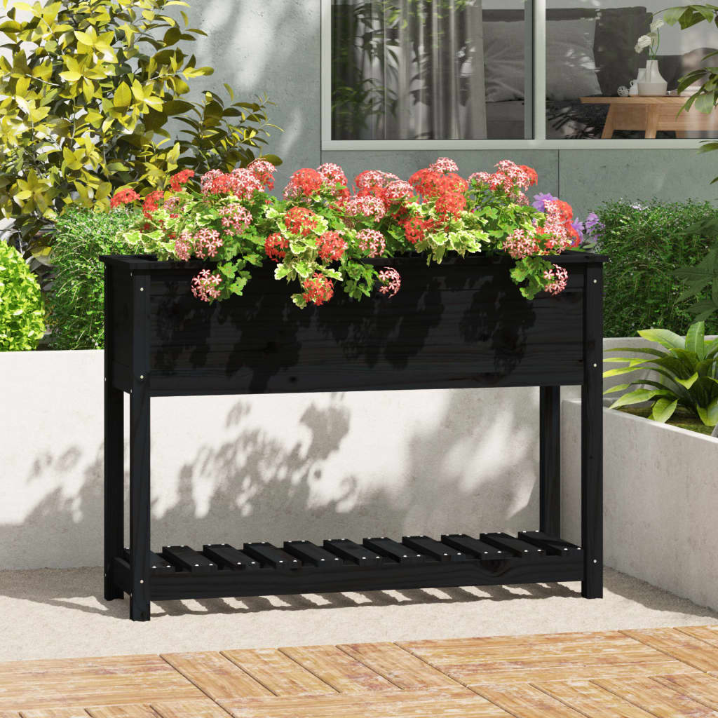 Berkfield Planter with Shelf Black 111.5x34.5x81 cm Solid Wood Pine