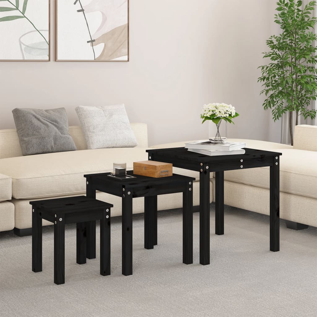 Berkfield Nesting Tables 3 pcs Black Solid Wood Pine