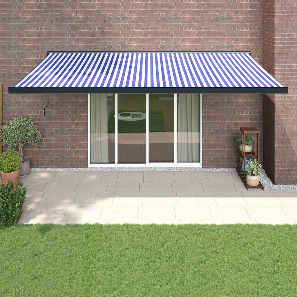 Berkfield Retractable Awning Blue and White 5x3 m Fabric and Aluminium