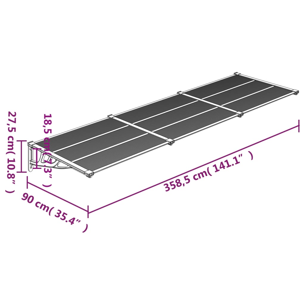 Berkfield Door Canopy Black 358.5x90 cm Polycarbonate