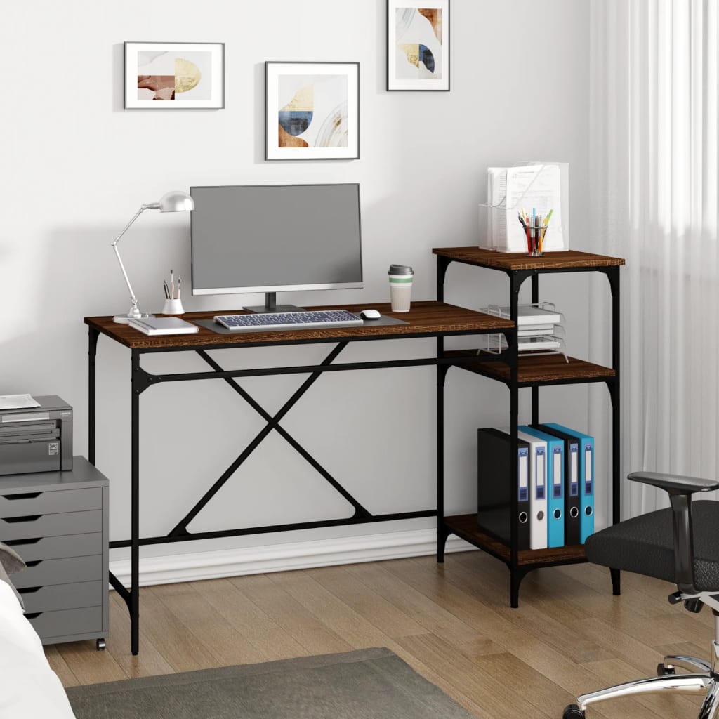 Berkfield Desk with Shelves Brown Oak 135x50x90 cm Engineered Wood&Iron