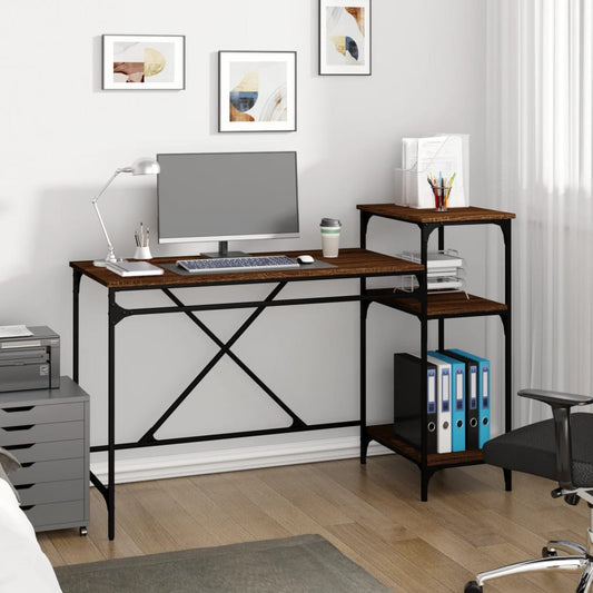 Berkfield Desk with Shelves Brown Oak 135x50x90 cm Engineered Wood&Iron