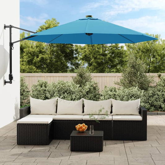 Berkfield Wall-mounted Parasol with LEDs Sea Blue 290cm