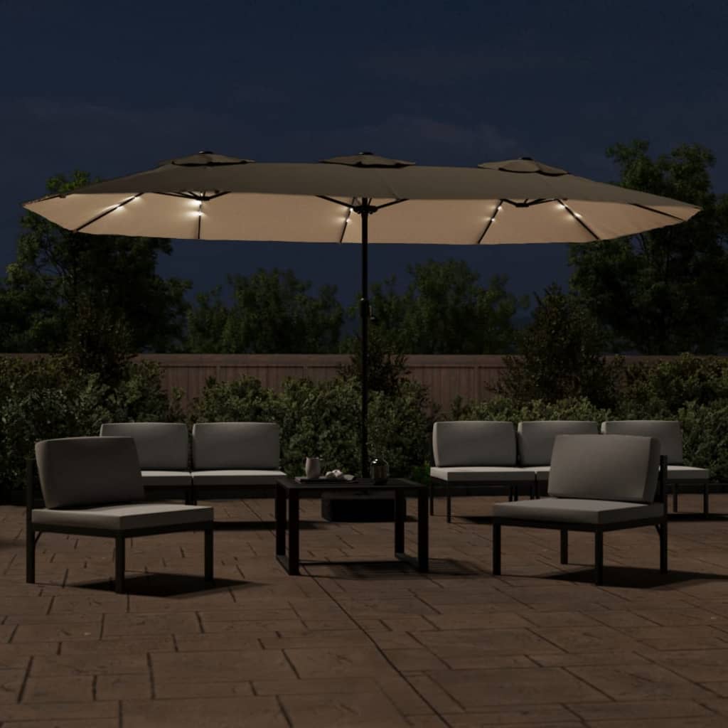 Berkfield Double-Head Parasol with LEDs Taupe 449x245 cm