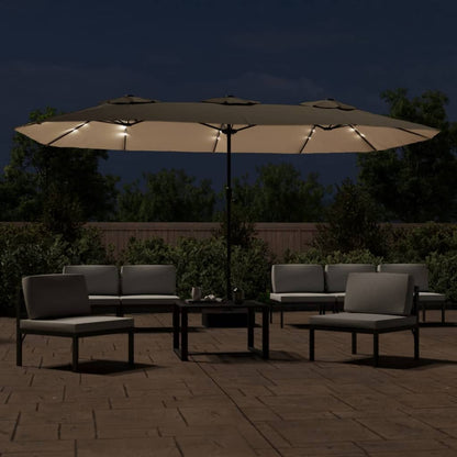 Berkfield Double-Head Parasol with LEDs Taupe 449x245 cm