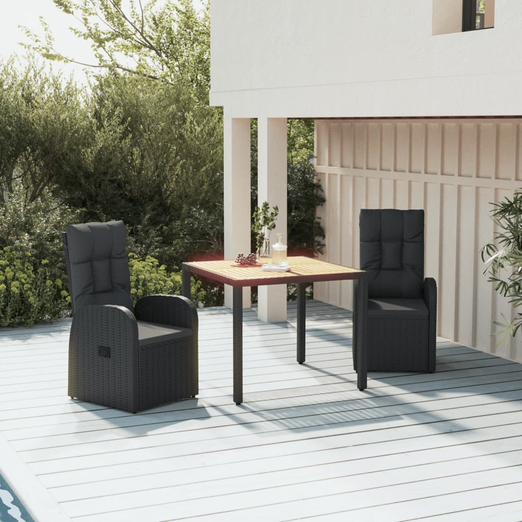 Berkfield 3 Piece Garden Dining Set Black Poly Rattan&Solid Wood Acacia