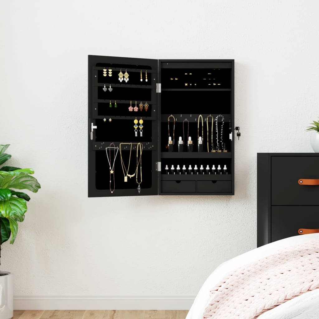 Berkfield Mirror Jewellery Cabinet with LED Lights Wall Mounted Black