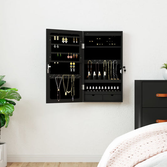 Berkfield Mirror Jewellery Cabinet with LED Lights Wall Mounted Black