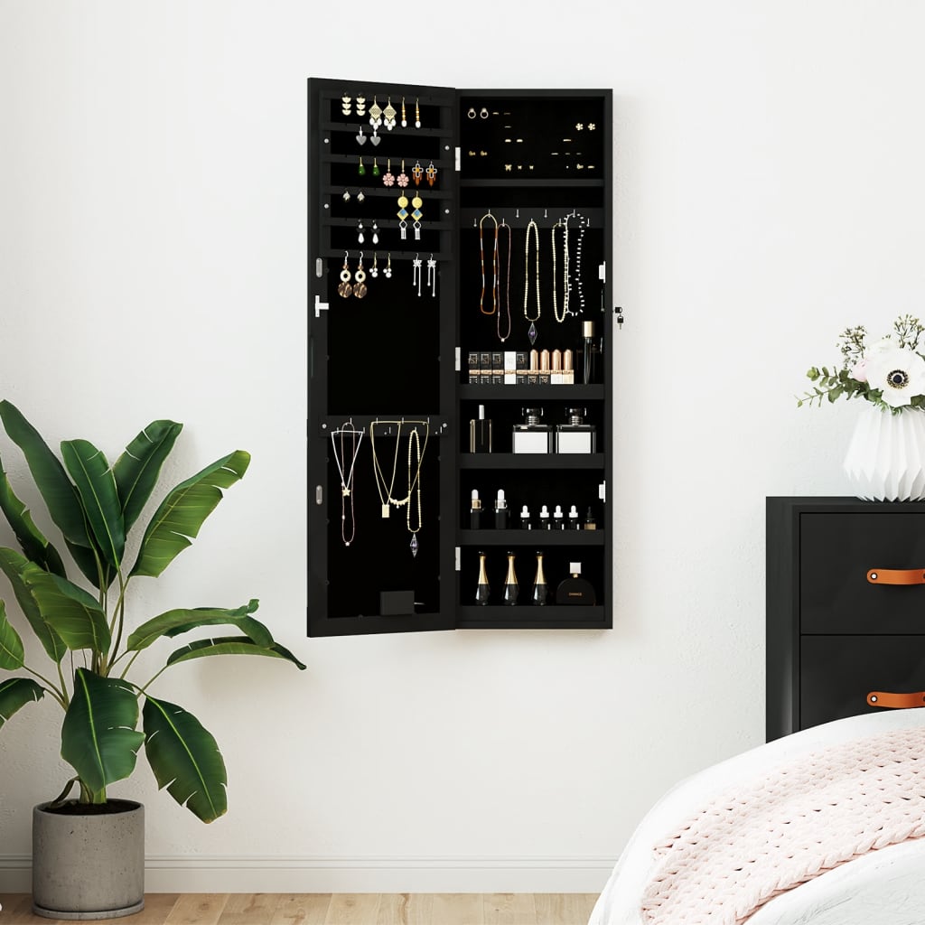 Berkfield Mirror Jewellery Cabinet with LED Lights Wall Mounted Black
