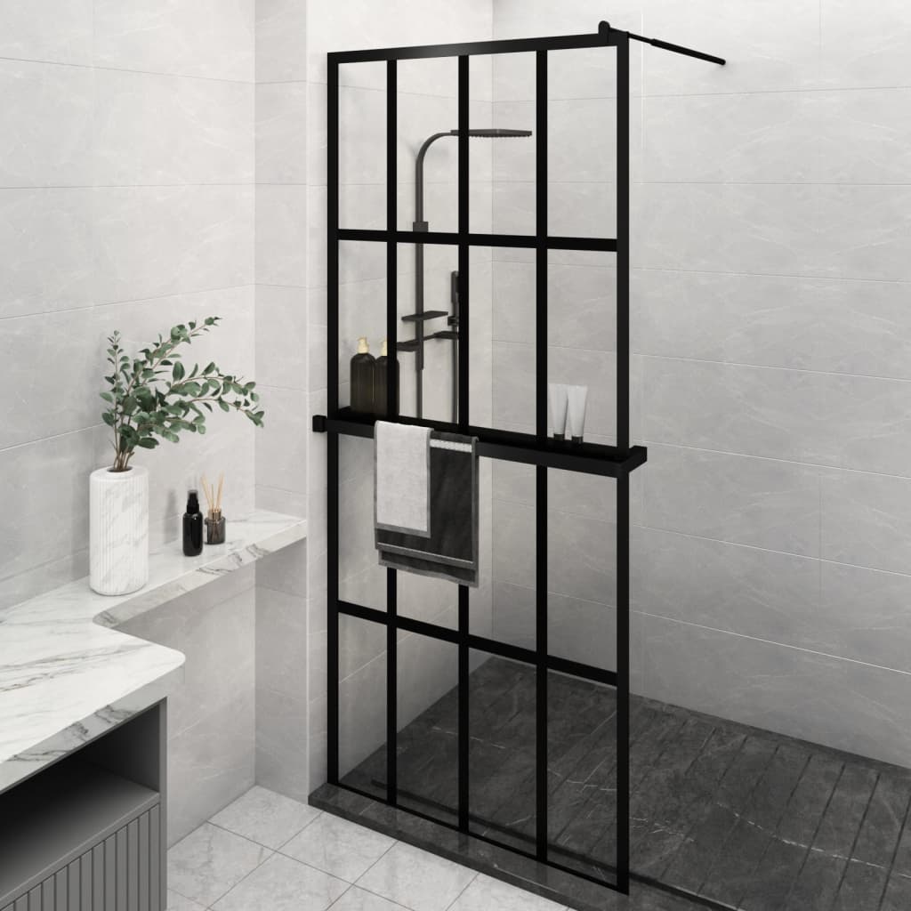 Berkfield Walk-in Shower Wall with Shelf Black 90x195 cm ESG Glass&Aluminium