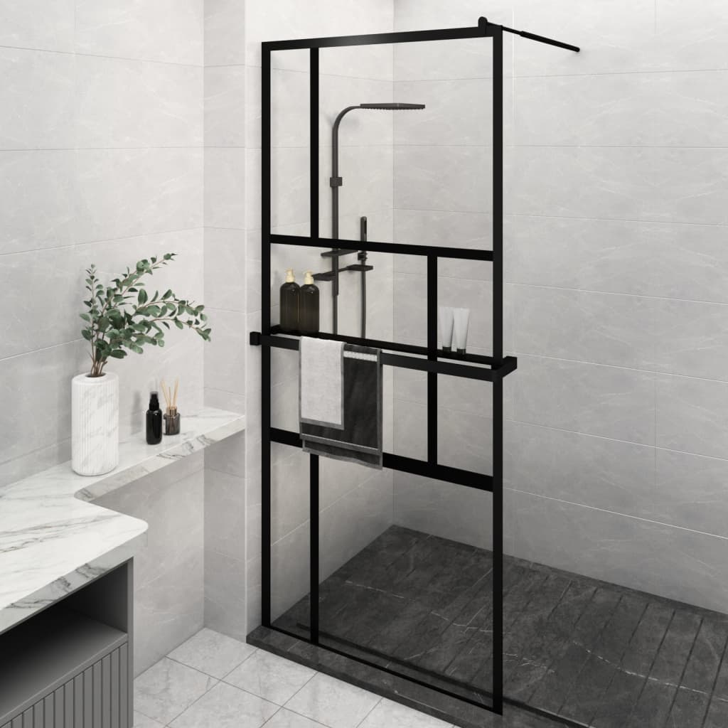 Berkfield Walk-in Shower Wall with Shelf Black 90x195 cm ESG Glass&Aluminium