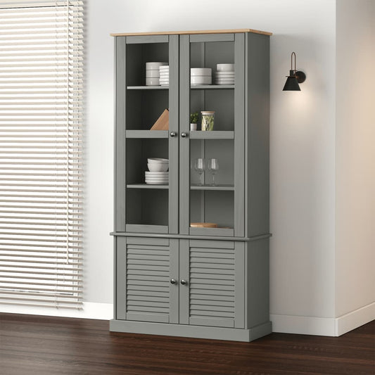 Berkfield Glass Display Cabinet VIGO Grey 85x35x170 cm Solid Wood Pine