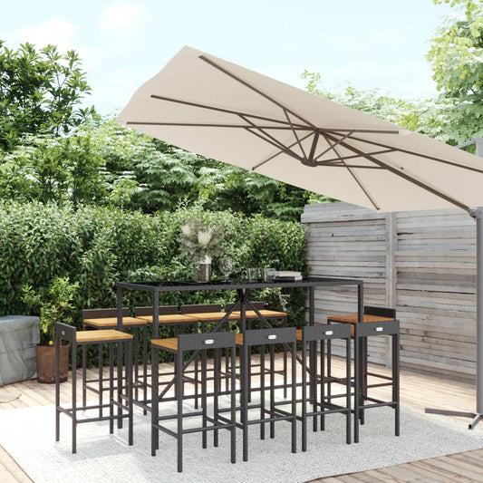 Berkfield 11 Piece Garden Bar Set Black Poly Rattan& Solid Wood Acacia