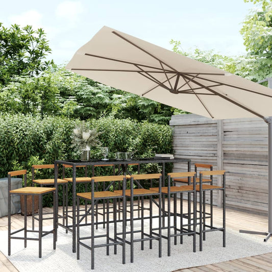 Berkfield 11 Piece Garden Bar Set Black Poly Rattan& Solid Wood Acacia