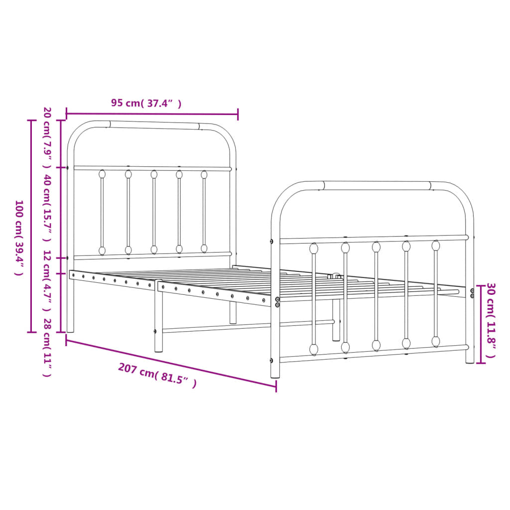 Berkfield Metal Bed Frame with Headboard and Footboard Black 90x200 cm