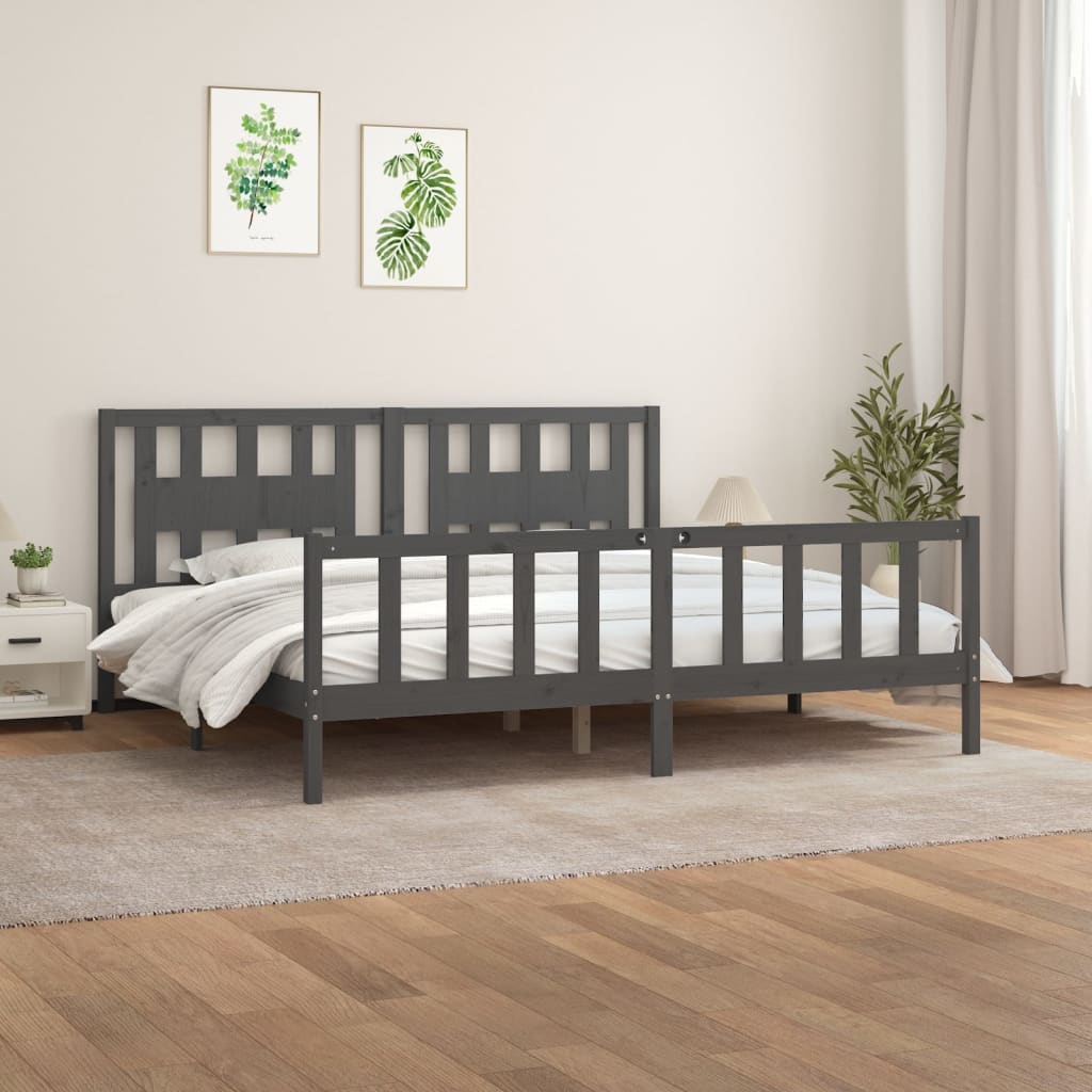 Berkfield Bed Frame with Headboard Grey Solid Wood Pine 180x200 cm Super King Size