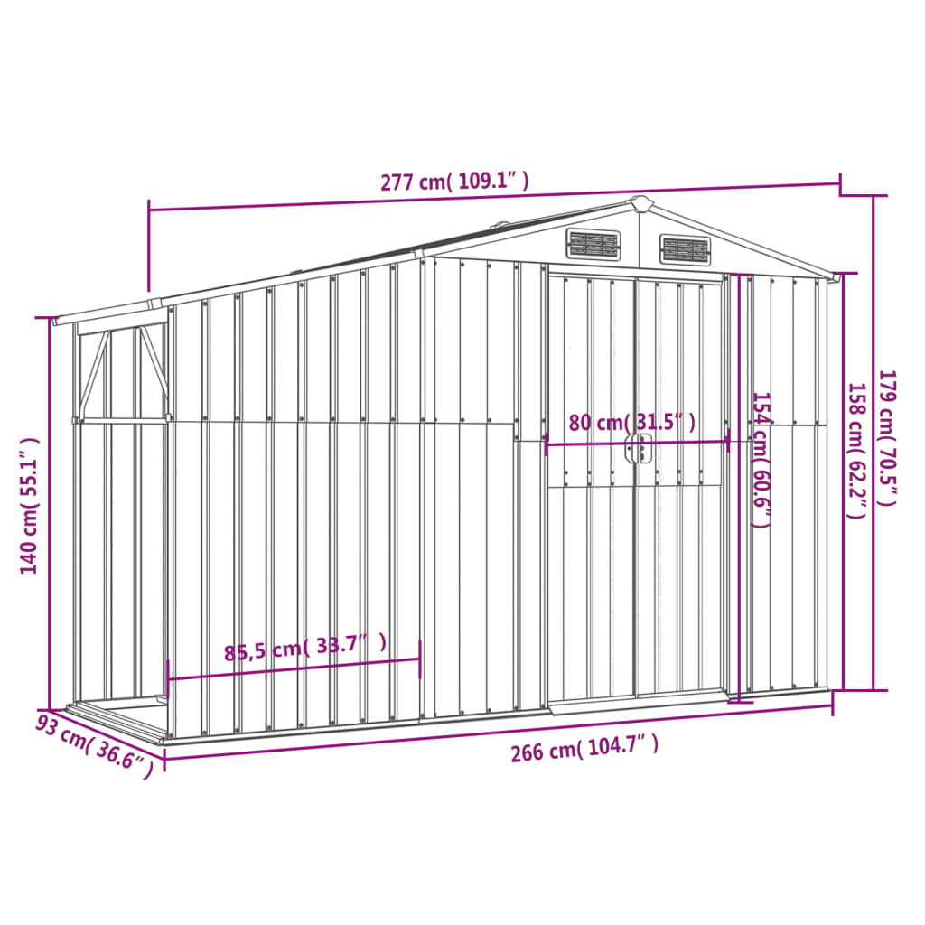Berkfield Garden Shed Grey 277x93x179 cm Galvanised Steel