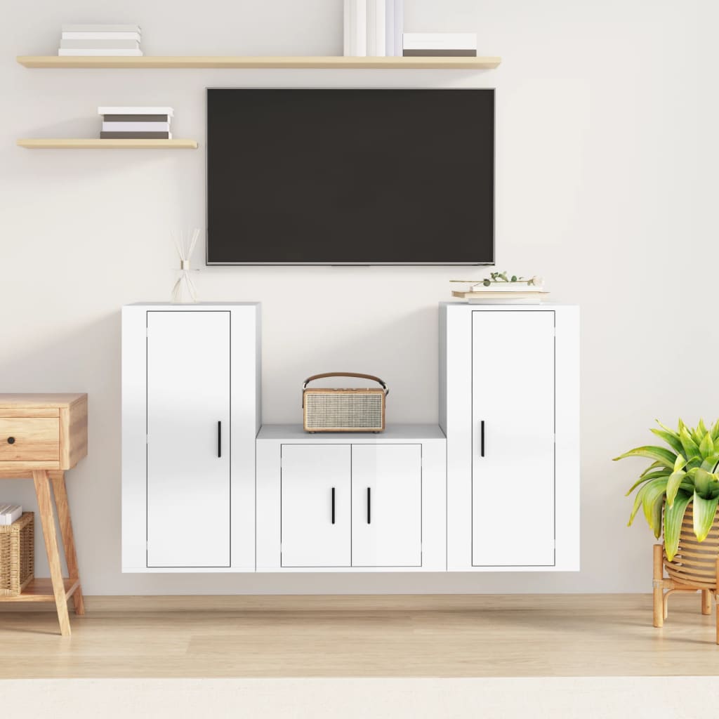 Berkfield 3 Piece TV Cabinet Set High Gloss White Engineered Wood