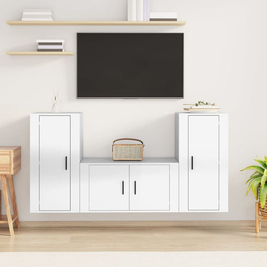 Berkfield 3 Piece TV Cabinet Set High Gloss White Engineered Wood