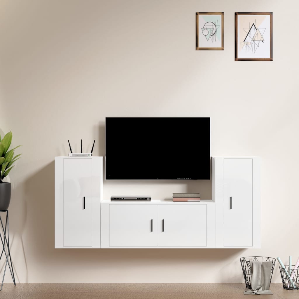 Berkfield 3 Piece TV Cabinet Set High Gloss White Engineered Wood