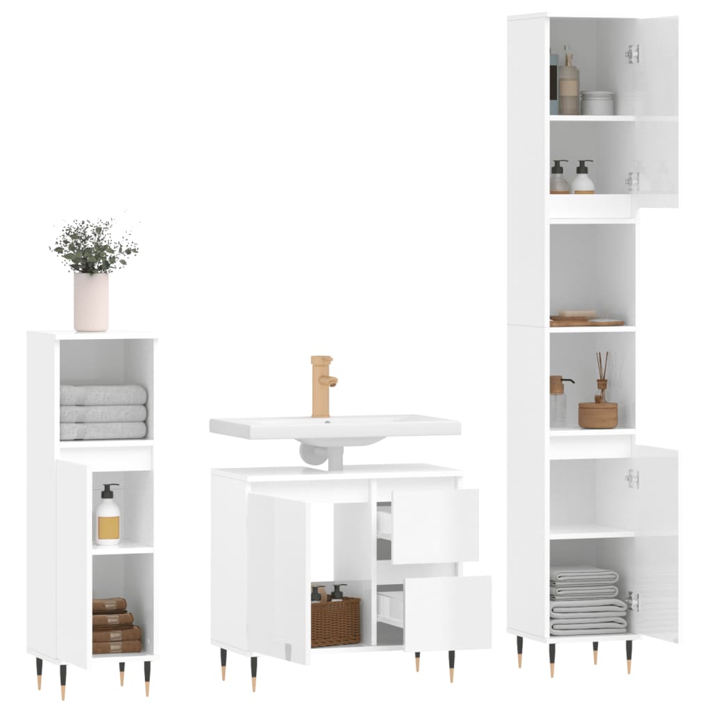 Berkfield 3 Piece Bathroom Furniture Set High Gloss White Engineered Wood