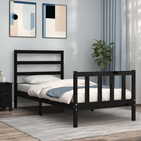 Berkfield Bed Frame with Headboard Black Small Single Solid Wood