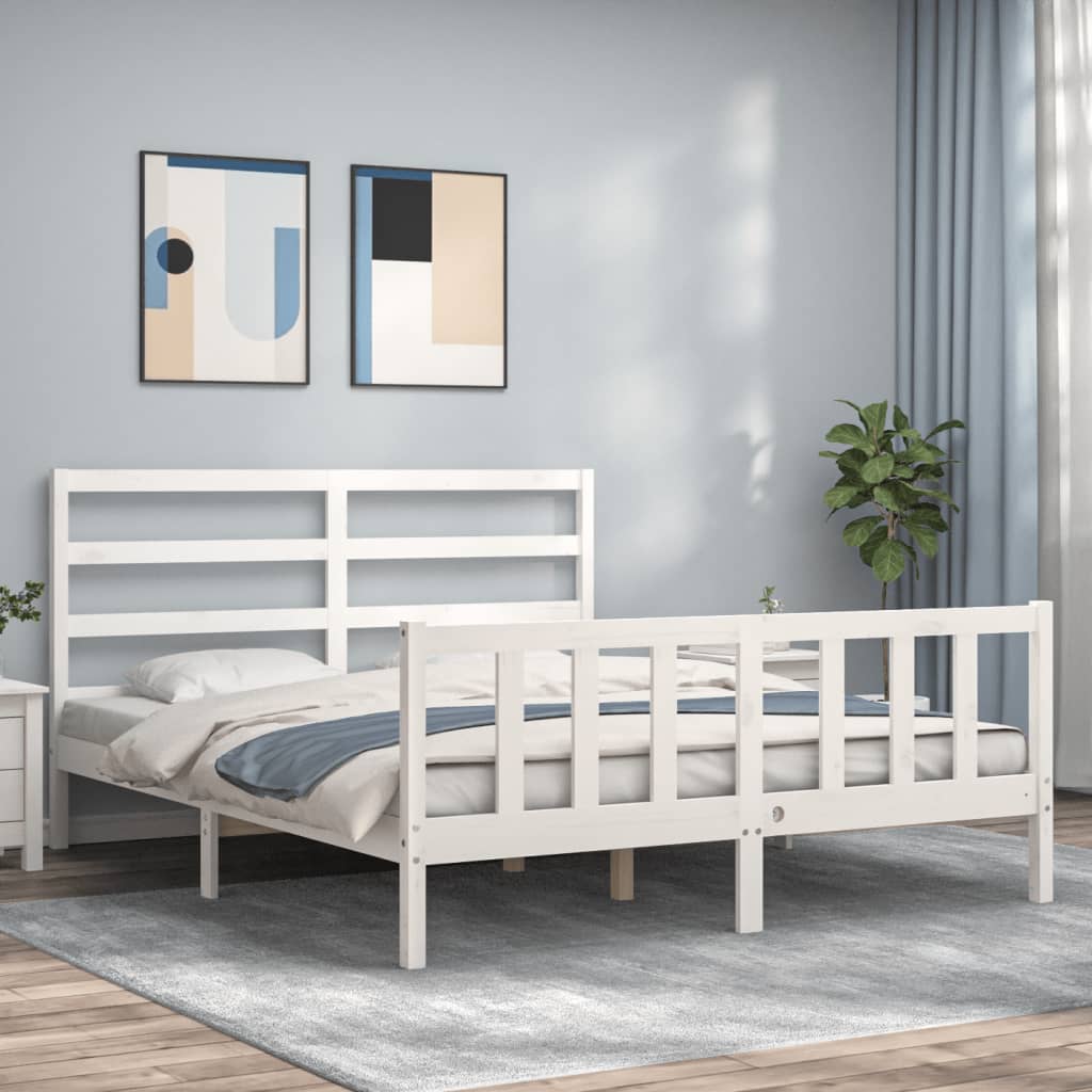Berkfield Bed Frame with Headboard White King Size Solid Wood