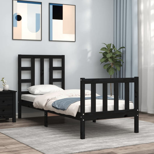 Berkfield Bed Frame with Headboard Black Small Single Solid Wood