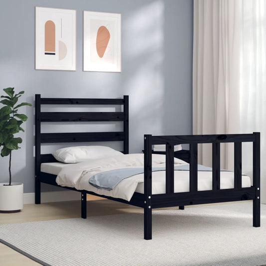 Berkfield Bed Frame with Headboard Black Small Single Solid Wood