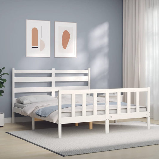 Berkfield Bed Frame with Headboard White King Size Solid Wood