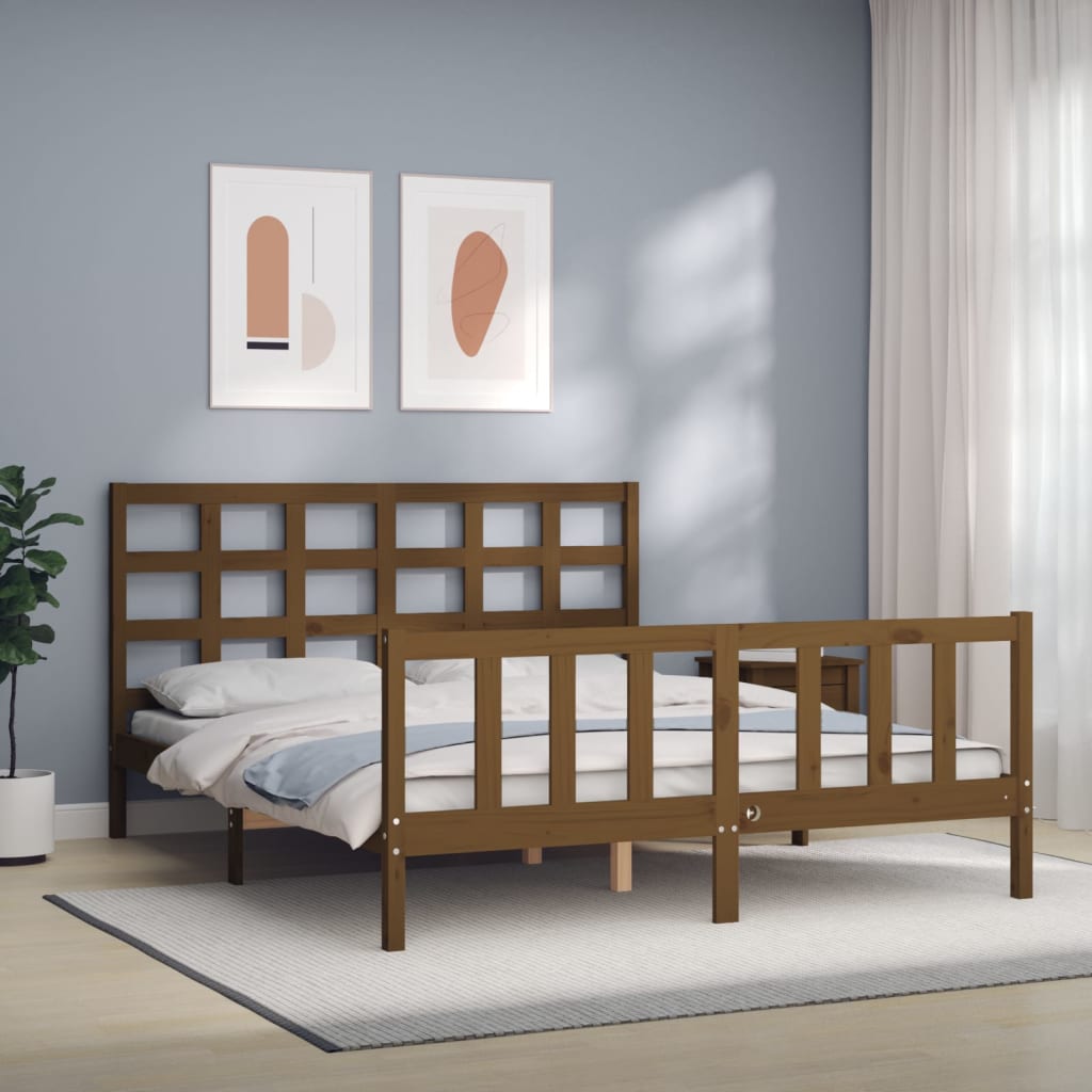 Berkfield Bed Frame with Headboard Honey Brown King Size Solid Wood