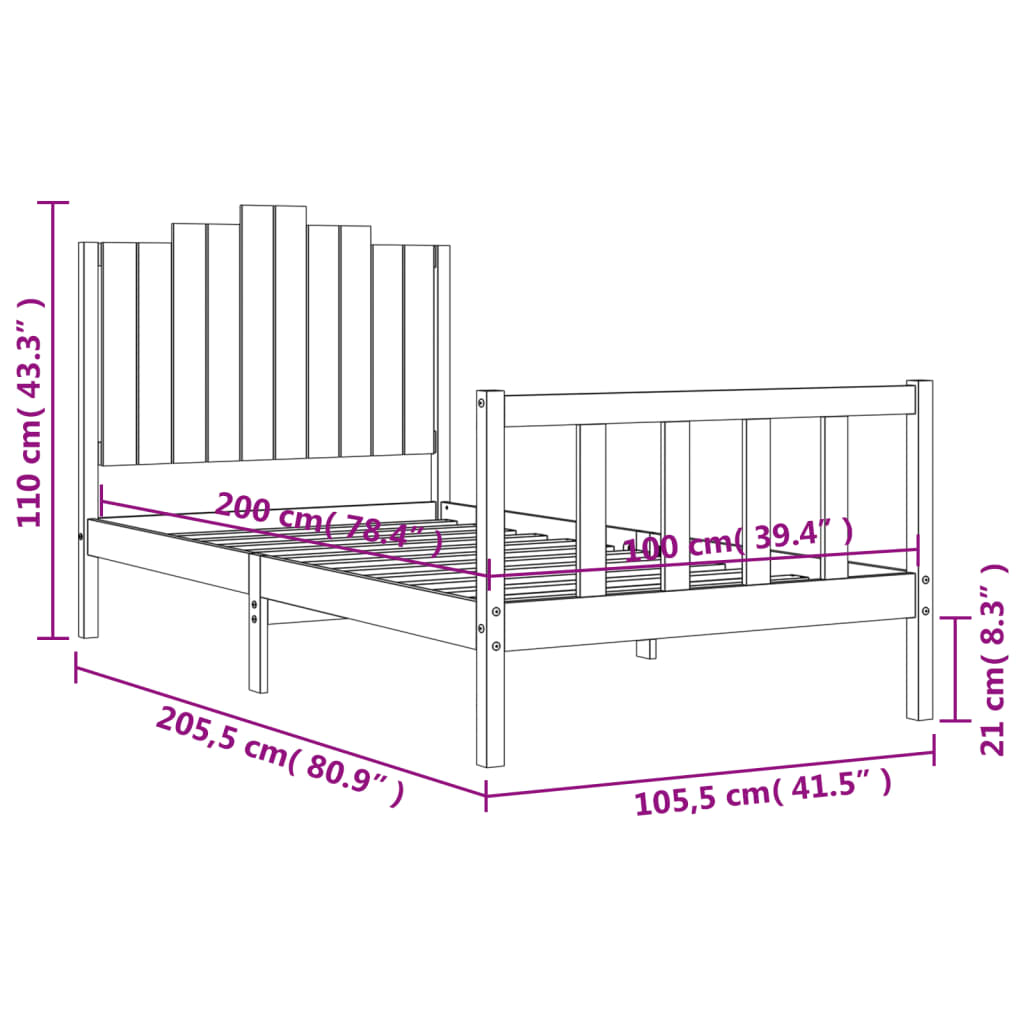 Berkfield Bed Frame with Headboard Black 100x200 cm Solid Wood